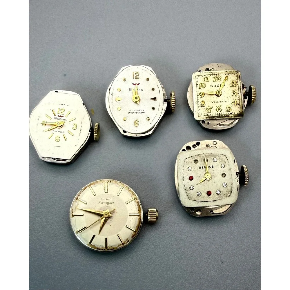 5 Vintage Watch Movements Waltham Gruen Girard Perregaux Benrus Parts Repair